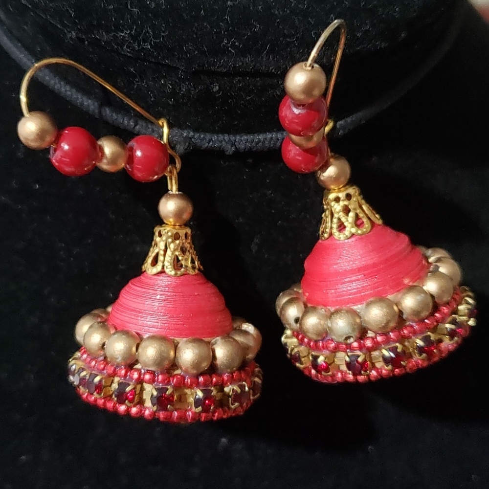 New red and gold quelling indian earrings